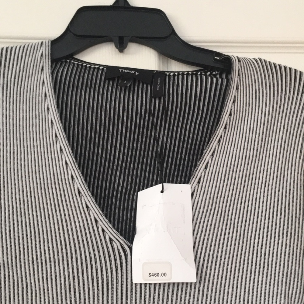 Theory Black and White Striped V-Neck Sweater